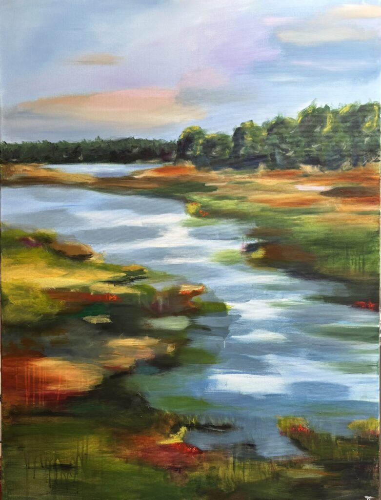 Natur, abstrakt, vandløb, blå og gyldne farver, baghuset atelier Theilgaard, Løkken, kunst, maleri