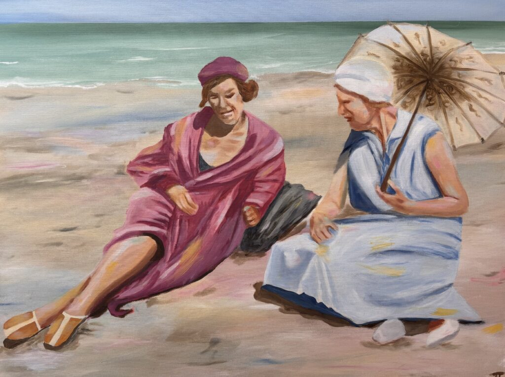 1936, damer på strand, solbader, Løkken strand, sommer, sol, maler